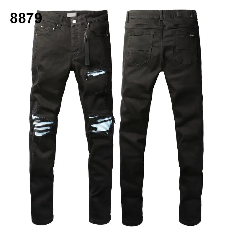 Factory Direct Skate Culture Stretch Denim Hand Distressed Abraded Reveal Intricate Crystal Embellishment Patch Skinny-Fit Jeans