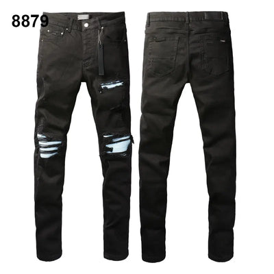 Factory Direct Skate Culture Stretch Denim Hand Distressed Abraded Reveal Intricate Crystal Embellishment Patch Skinny-Fit Jeans