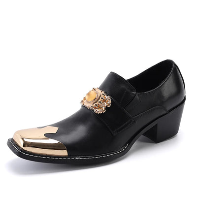 NA461 Luxury Gold Metal Charm Formal Men Leather Shoes Fashion Square Toe Party Dress Shoes Business Office Male Shoes Black