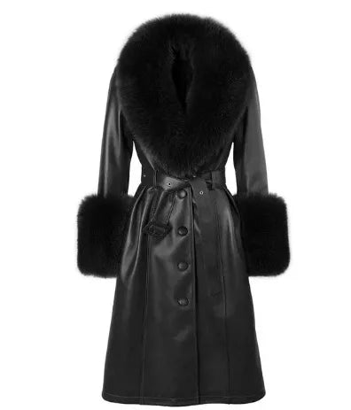 Women's Winter Long Genuine Sheep Leather Coat With Real Fox Fur Big Furry Collar Coats for Women
