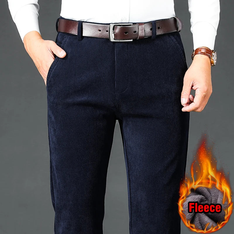 Winter Men's Fleece Corduroy Pants Business Fashion Classic Style Thick Warm Stretch Trousers Male Brand Clothing