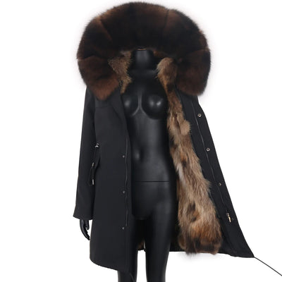 2024 New Winter Jacket Women X-Long Parka Waterproof Big Natural Raccoon Fur Collar Hood Real Fur Coat Thick Warm Real Fox Fur