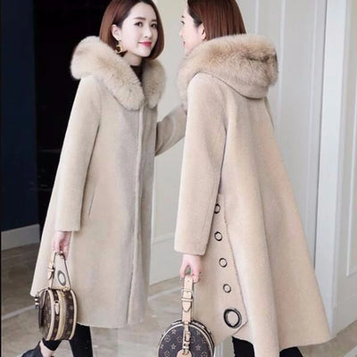 Granular Sheep Shearing Coat Women's Mid-Length 2025 Winter New Fox Fur Hooded All-In-One Faux Fur Clothing Jacket L33