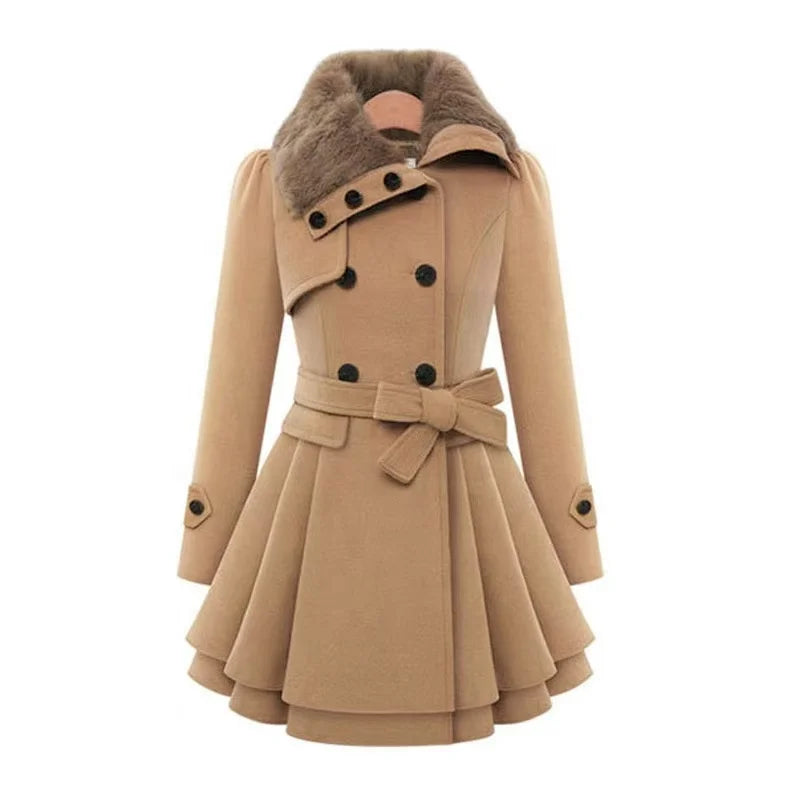 2025 Women's Popular Double-Breasted Woolen Trench Coat European Size Thin Casual Outerwear for Winter with Fur Decoration