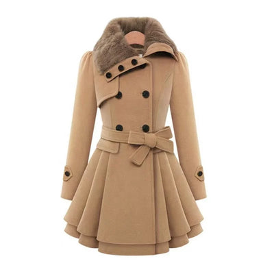 2025 Women's Popular Double-Breasted Woolen Trench Coat European Size Thin Casual Outerwear for Winter with Fur Decoration