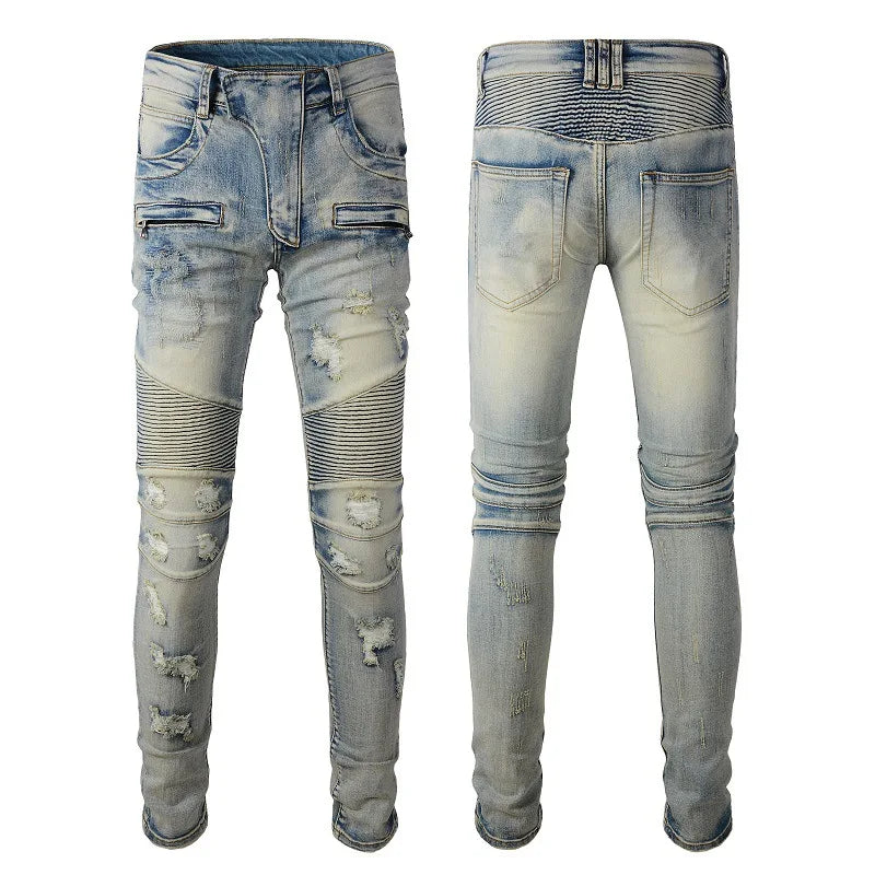 In Stock AM Jeans Men Embroidery Holes Gradient Splicing Trend Jeans High Street Pant Streetwear Fashion Men Denim Jeans