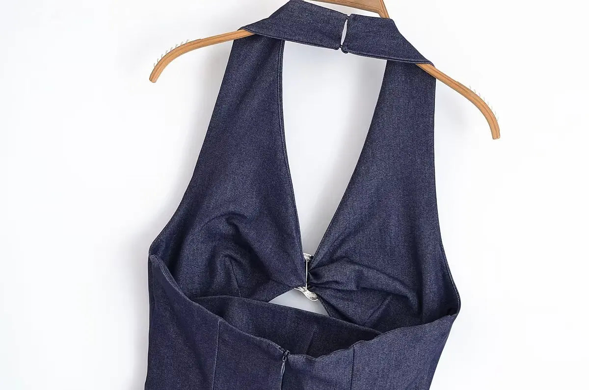 Women 2025 Summer New Chic Fashion Open-cut Halter Backless Midi Dress Vintage Sleeveless Casual Female Dresses Mujer