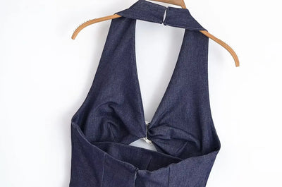 Women 2025 Summer New Chic Fashion Open-cut Halter Backless Midi Dress Vintage Sleeveless Casual Female Dresses Mujer