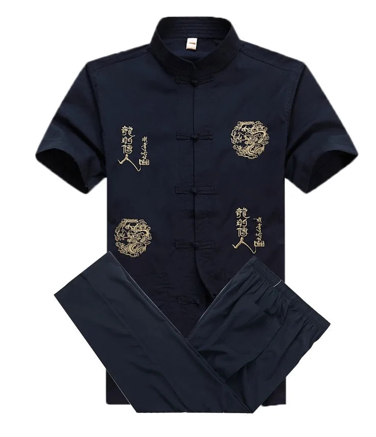 Chinese Men Cotton Kung Fu Suit Embroidery  Wu Shu Uniform Tai Chi Clothing Short Sleeve Shirt+Pant M L XL XXL XXXL MS013
