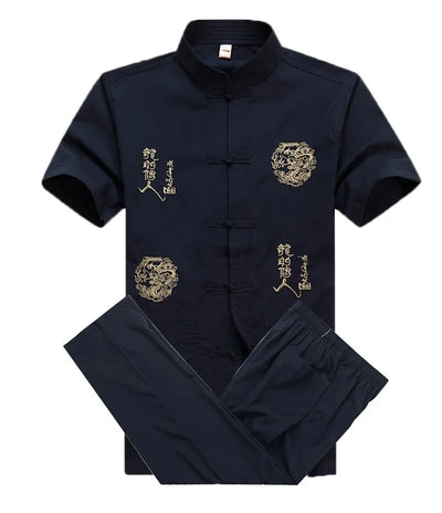 Chinese Men Cotton Kung Fu Suit Embroidery  Wu Shu Uniform Tai Chi Clothing Short Sleeve Shirt+Pant M L XL XXL XXXL MS013