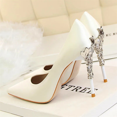 2025 New Elegant Metal Carved Heel Women Pumps Solid Silk Pointed Toe Shallow Fashion High Heels 10cm Female Wedding Dress Shoes