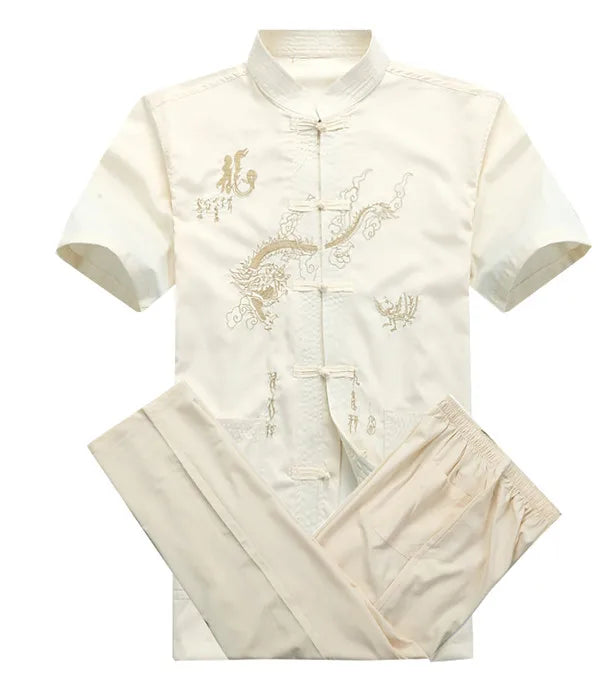 Chinese Men Cotton Kung Fu Suit Embroidery  Wu Shu Uniform Tai Chi Clothing Short Sleeve Shirt+Pant M L XL XXL XXXL MS013