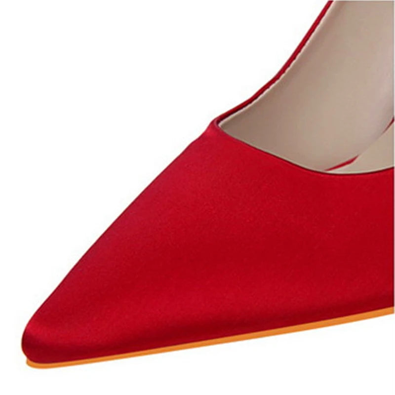 2025 New Elegant Metal Carved Heel Women Pumps Solid Silk Pointed Toe Shallow Fashion High Heels 10cm Female Wedding Dress Shoes