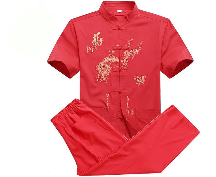 Chinese Men Cotton Kung Fu Suit Embroidery  Wu Shu Uniform Tai Chi Clothing Short Sleeve Shirt+Pant M L XL XXL XXXL MS013