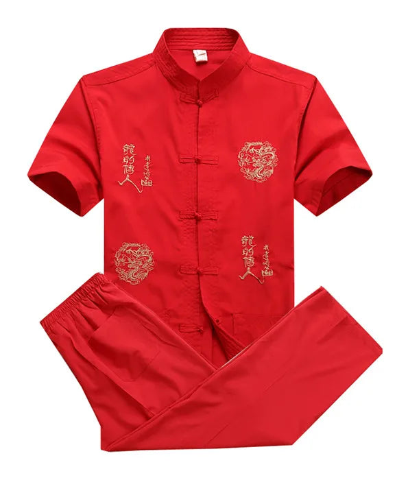 Chinese Men Cotton Kung Fu Suit Embroidery  Wu Shu Uniform Tai Chi Clothing Short Sleeve Shirt+Pant M L XL XXL XXXL MS013