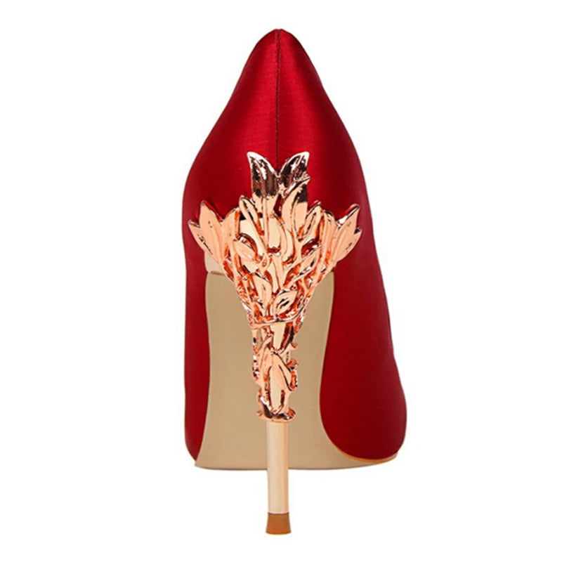 2025 New Elegant Metal Carved Heel Women Pumps Solid Silk Pointed Toe Shallow Fashion High Heels 10cm Female Wedding Dress Shoes