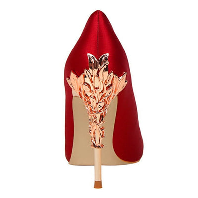 2025 New Elegant Metal Carved Heel Women Pumps Solid Silk Pointed Toe Shallow Fashion High Heels 10cm Female Wedding Dress Shoes