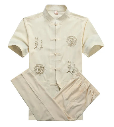 Chinese Men Cotton Kung Fu Suit Embroidery  Wu Shu Uniform Tai Chi Clothing Short Sleeve Shirt+Pant M L XL XXL XXXL MS013