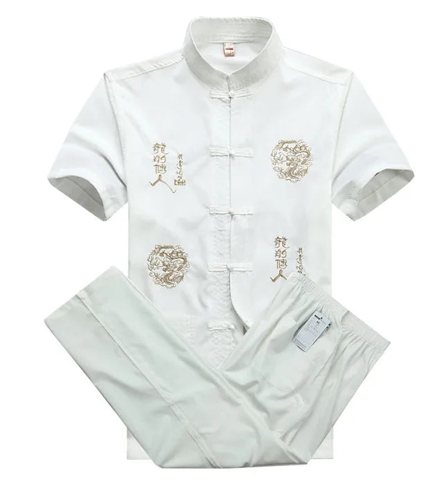 Chinese Men Cotton Kung Fu Suit Embroidery  Wu Shu Uniform Tai Chi Clothing Short Sleeve Shirt+Pant M L XL XXL XXXL MS013