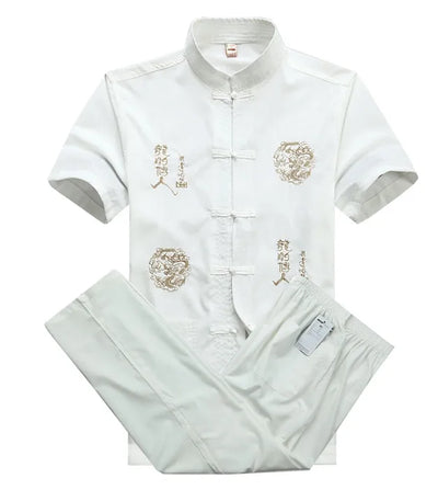 Chinese Men Cotton Kung Fu Suit Embroidery  Wu Shu Uniform Tai Chi Clothing Short Sleeve Shirt+Pant M L XL XXL XXXL MS013