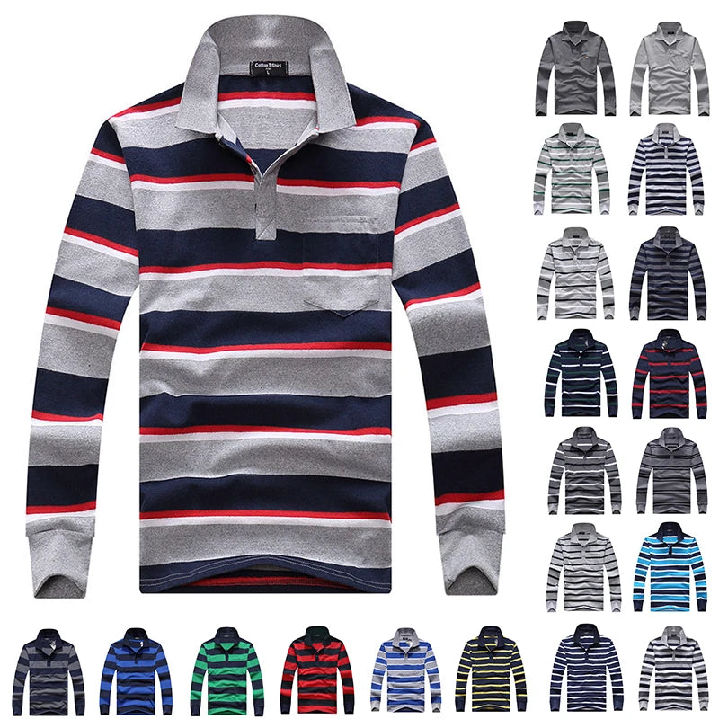 Cotton Polos Men Long Sleeve Mens Polo Shirt Spring Autumn Striped Male Polo Dress Classic Business 2018 Father Gift Drop Ship