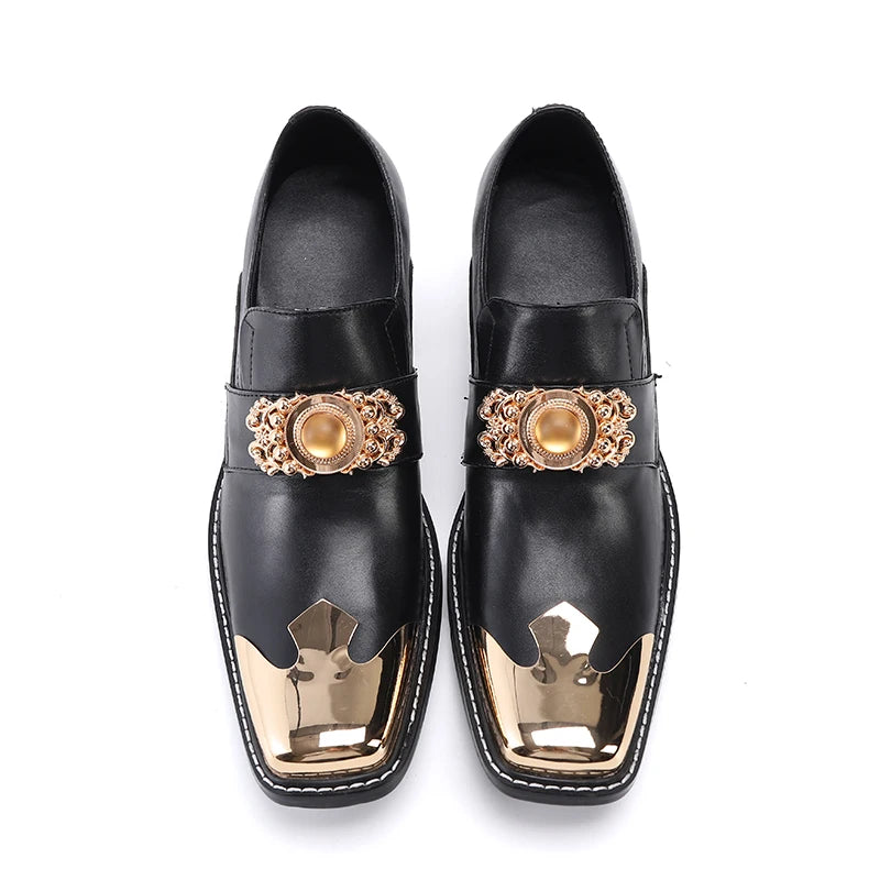 NA461 Luxury Gold Metal Charm Formal Men Leather Shoes Fashion Square Toe Party Dress Shoes Business Office Male Shoes Black