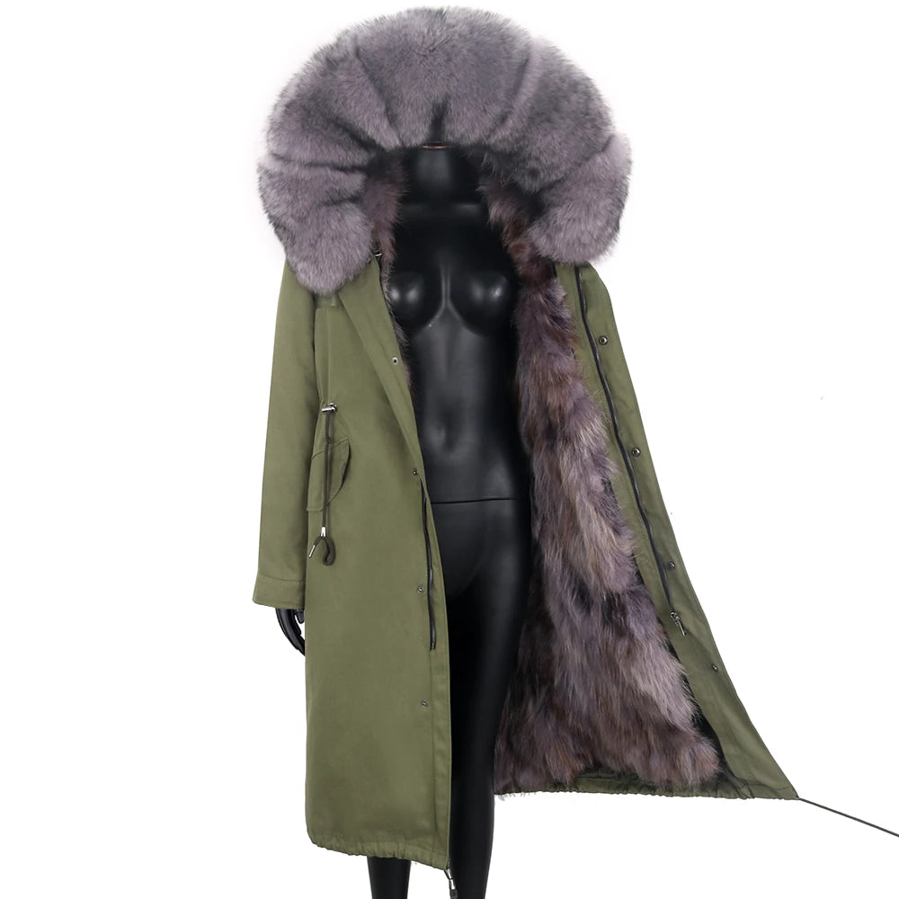 2024 New Winter Jacket Women X-Long Parka Waterproof Big Natural Raccoon Fur Collar Hood Real Fur Coat Thick Warm Real Fox Fur