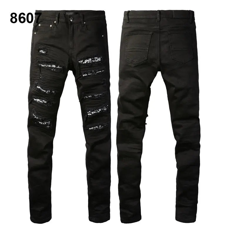Factory Direct Skate Culture Stretch Denim Hand Distressed Abraded Reveal Intricate Crystal Embellishment Patch Skinny-Fit Jeans