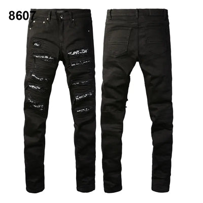 Factory Direct Skate Culture Stretch Denim Hand Distressed Abraded Reveal Intricate Crystal Embellishment Patch Skinny-Fit Jeans