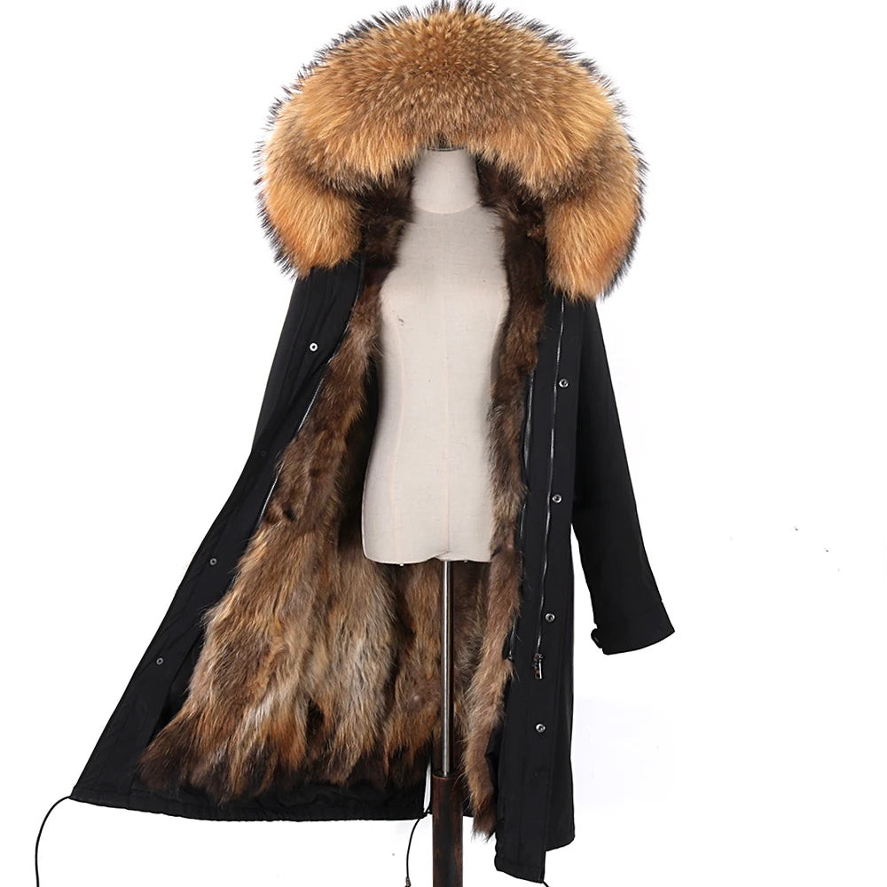 2024 New Winter Jacket Women X-Long Parka Waterproof Big Natural Raccoon Fur Collar Hood Real Fur Coat Thick Warm Real Fox Fur