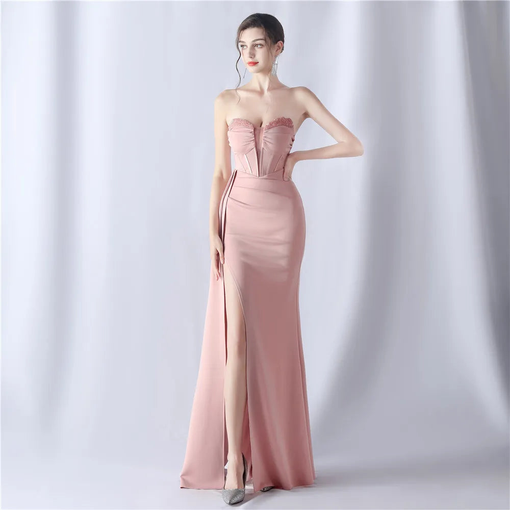 31525# Shaped Fishbone Cinched Waist Beads New High-end Evening Dress