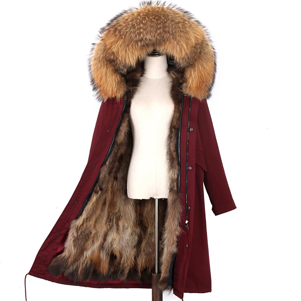 2024 New Winter Jacket Women X-Long Parka Waterproof Big Natural Raccoon Fur Collar Hood Real Fur Coat Thick Warm Real Fox Fur