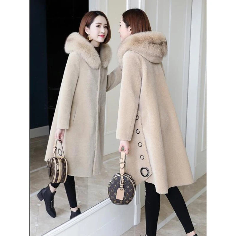 Granular Sheep Shearing Coat Women's Mid-Length 2025 Winter New Fox Fur Hooded All-In-One Faux Fur Clothing Jacket L33
