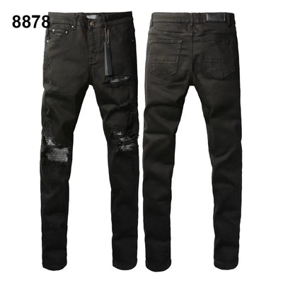 Factory Direct Skate Culture Stretch Denim Hand Distressed Abraded Reveal Intricate Crystal Embellishment Patch Skinny-Fit Jeans