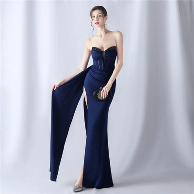 31525# Shaped Fishbone Cinched Waist Beads New High-end Evening Dress