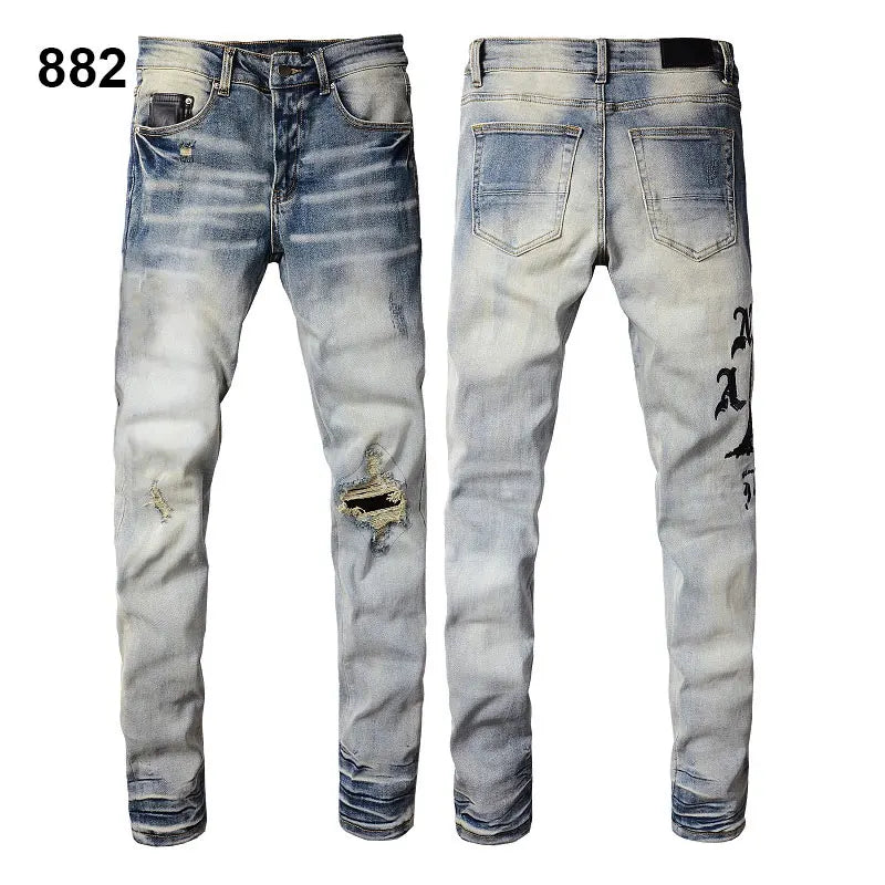 Factory Direct Skate Culture Stretch Denim Hand Distressed Abraded Reveal Intricate Crystal Embellishment Patch Skinny-Fit Jeans