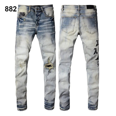Factory Direct Skate Culture Stretch Denim Hand Distressed Abraded Reveal Intricate Crystal Embellishment Patch Skinny-Fit Jeans