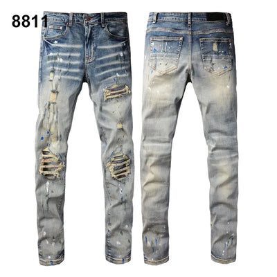 Factory Direct Skate Culture Stretch Denim Hand Distressed Abraded Reveal Intricate Crystal Embellishment Patch Skinny-Fit Jeans