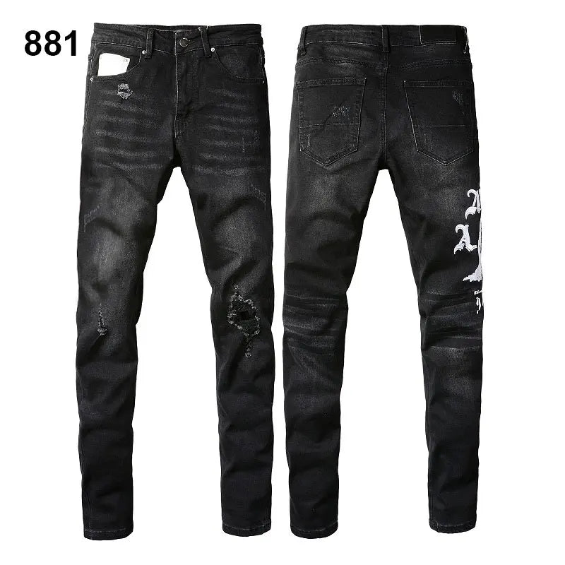 Factory Direct Skate Culture Stretch Denim Hand Distressed Abraded Reveal Intricate Crystal Embellishment Patch Skinny-Fit Jeans