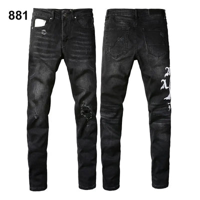 Factory Direct Skate Culture Stretch Denim Hand Distressed Abraded Reveal Intricate Crystal Embellishment Patch Skinny-Fit Jeans