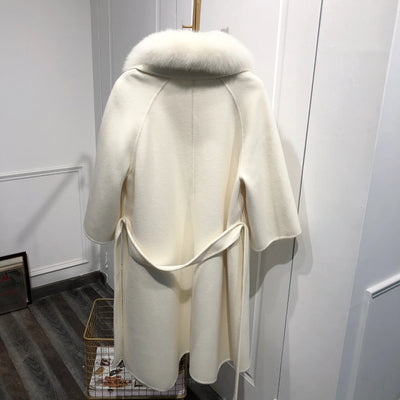 Latest Custom Winter Women Slim Belt White 100%Wool Cashmere Coat With Big Fox Fur Collar Wool Fabric for Coat