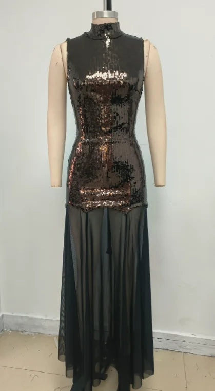 SB3416 Kimshein High Quality Women Fashion High Neck Sequin Dresses Sexy Mesh Evening Birthday Dresses