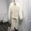 Latest Custom Winter Women Slim Belt White 100%Wool Cashmere Coat With Big Fox Fur Collar Wool Fabric for Coat