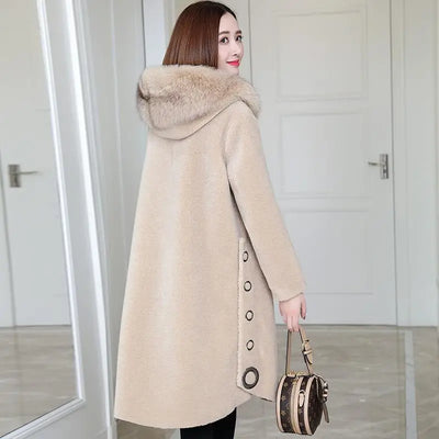 Granular Sheep Shearing Coat Women's Mid-Length 2025 Winter New Fox Fur Hooded All-In-One Faux Fur Clothing Jacket L33
