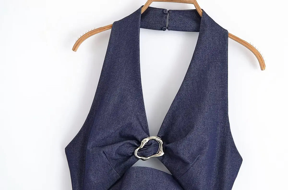 Women 2025 Summer New Chic Fashion Open-cut Halter Backless Midi Dress Vintage Sleeveless Casual Female Dresses Mujer