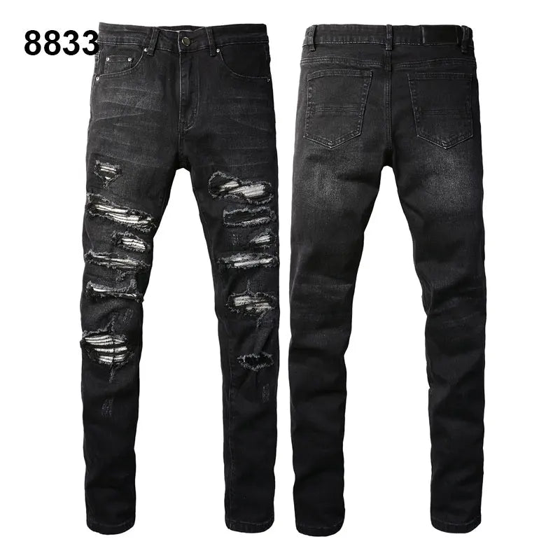 Factory Direct Skate Culture Stretch Denim Hand Distressed Abraded Reveal Intricate Crystal Embellishment Patch Skinny-Fit Jeans
