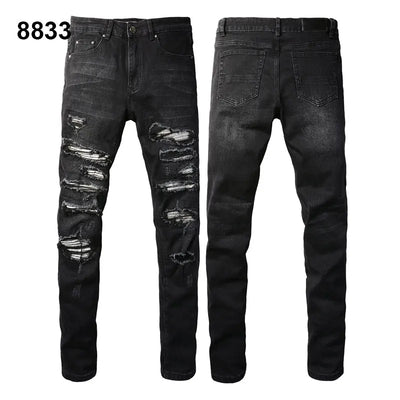 Factory Direct Skate Culture Stretch Denim Hand Distressed Abraded Reveal Intricate Crystal Embellishment Patch Skinny-Fit Jeans