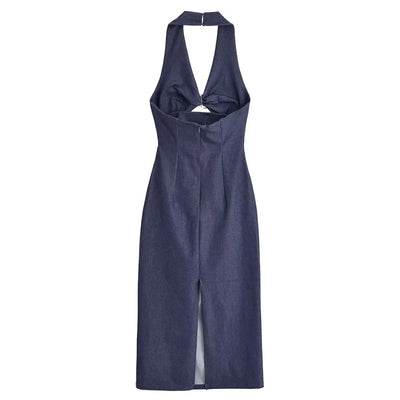 Women 2025 Summer New Chic Fashion Open-cut Halter Backless Midi Dress Vintage Sleeveless Casual Female Dresses Mujer