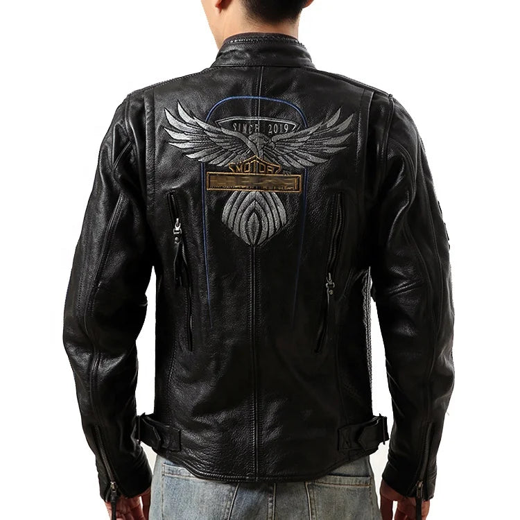 Wholesale Custom Winter Autumn Genuine Leather Men's Eagle Embroidery Motorcycle Coats Plus Size Cowhide Jacket
