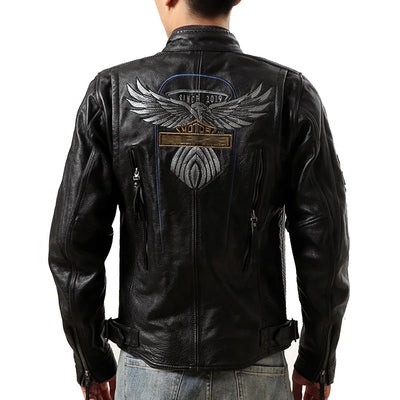 Wholesale Custom Winter Autumn Genuine Leather Men's Eagle Embroidery Motorcycle Coats Plus Size Cowhide Jacket